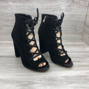 Sam Edelman Booties Womens 7.5 Yvie Black Suede Zip Lace Up Open Toe Ankle Boots